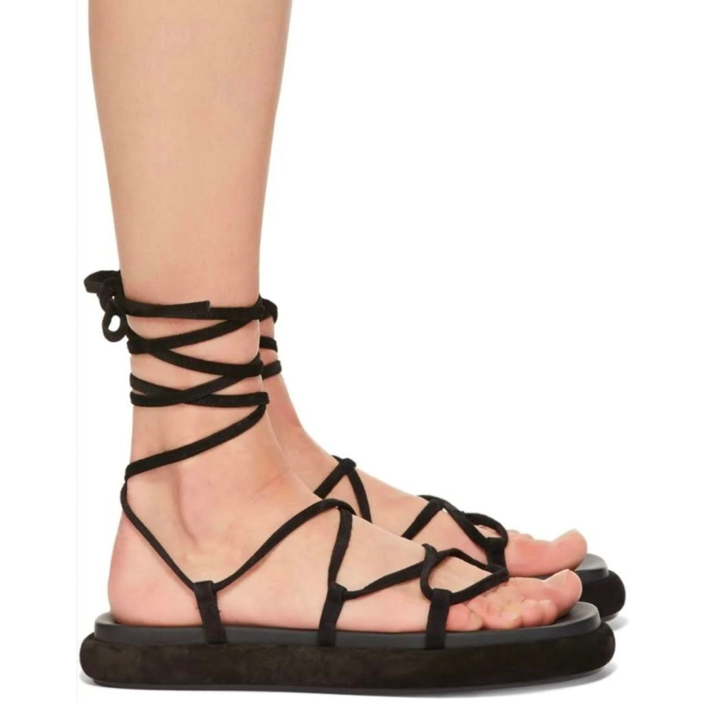 Khaite Black Alba Suede Lace-Up Flat Sandals Size 40 10